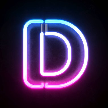 Neon 3d yazı tipi, mavi ve pembe neon ışıklı 3D renge sahip, D harfi.