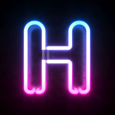 Neon 3d yazı tipi, mavi ve pembe neon ışık 3D görüntüleme, H harfi.