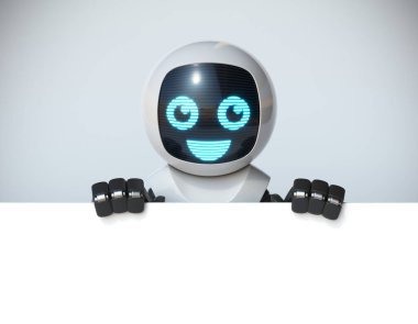 Küçük robot boş beyaz tahta tutuyor, 3 boyutlu.