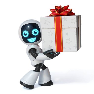 Küçük robot hediye kutusunu tutuyor. 3D.