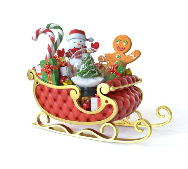 Noel Baba kızağı hediyeler, Noel sembolleri ve objelerle dolu.