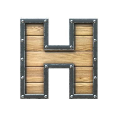 Metal çerçeveli ve perçinli ahşap yazı tipi, 3 boyutlu şekil H harfi.