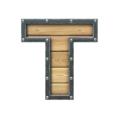 Metal çerçeveli ve perçinli tahta yazı tipi, 3 boyutlu T harfi.