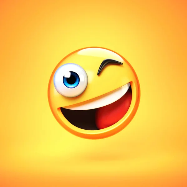 Mrugające Emoji Izolowane Żółtym Tle Uśmiechnięta Emotikona Twarzy Renderowania — Zdjęcie stockowe