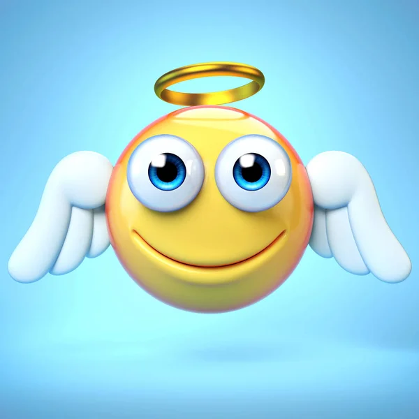 Angel Emoji Izolowane Niebieskim Tle Emotikon Skrzydłami Aureola Renderingu — Zdjęcie stockowe