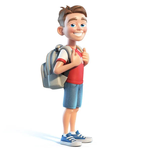 学校のバッグを持つ若い男の子 様式化された漫画のキャラクター 学校の子供の3Dレンダリング — ストック写真
