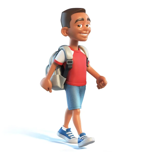 Menino Afro Americano Com Saco Escolar Andando Personagem Desenho Animado — Fotografia de Stock