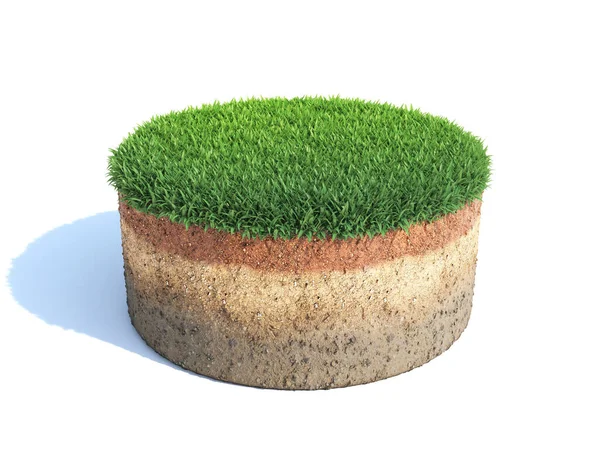 带草坪 地质概念的圆柱形地面横截面 用白色隔离的土壤样品 3D图解 — 图库照片