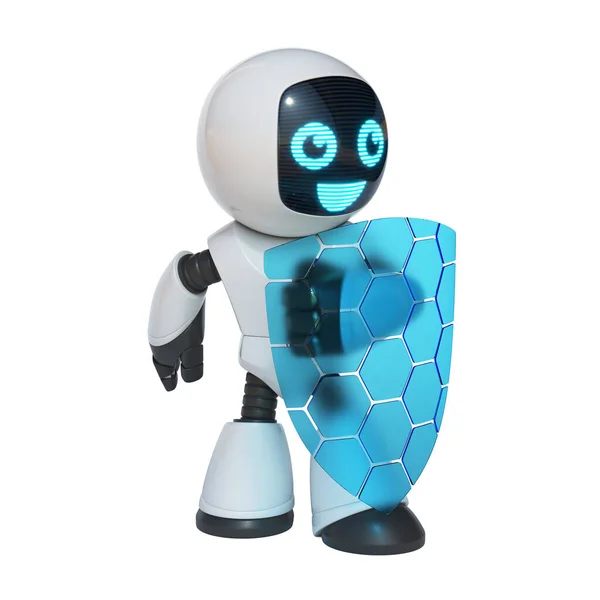Little Robot Holding Transparent Shield Data Security Concept Rendering — Stock Photo, Image