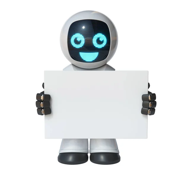 Pequeño Robot Sosteniendo Pizarra Blanca Blanco Representación — Foto de Stock