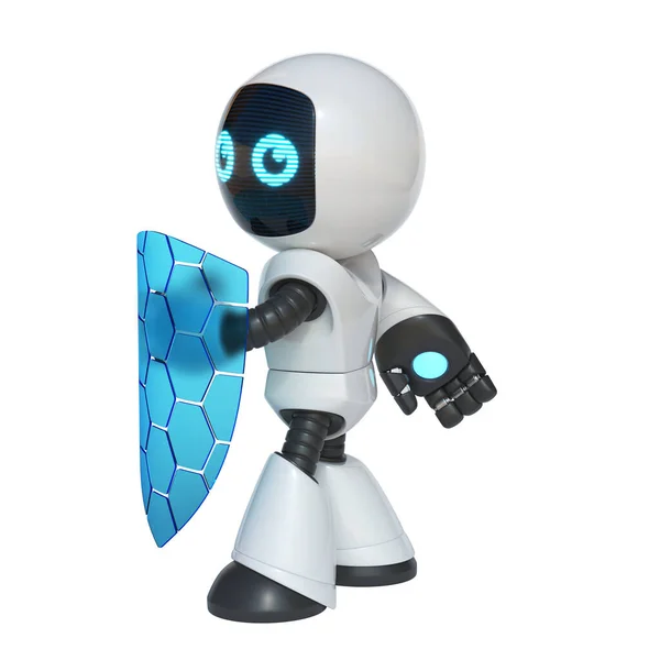 Liten Robot Med Transparent Sköld Datasäkerhetskoncept Rendering — Stockfoto