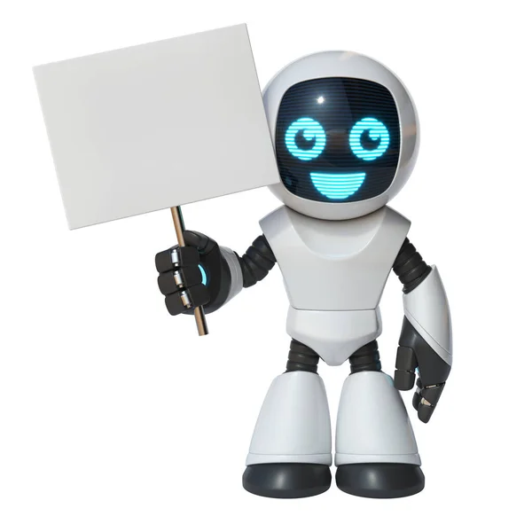 Little Robot Holding Blank White Board Rendering — Stock Photo, Image