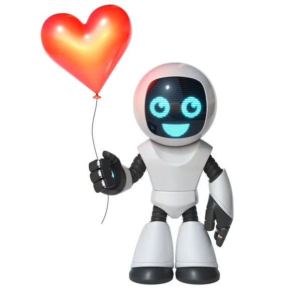 Pequeño Robot Sosteniendo Globo Rojo Forma Corazón Representación —  Fotos de Stock