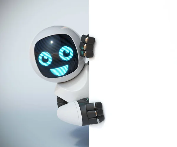 Pequeño Robot Sosteniendo Pizarra Blanca Blanco Representación —  Fotos de Stock