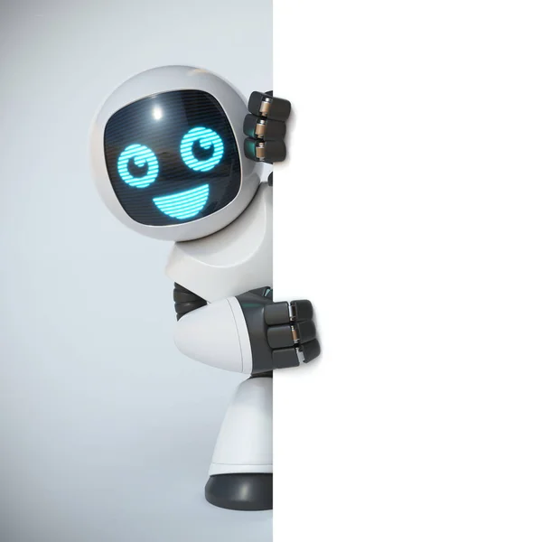 Little Robot Holding Blank White Board Rendering — Stock Photo, Image