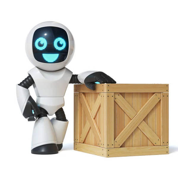 Liten Robot Står Bredvid Trälåda Rendering — Stockfoto