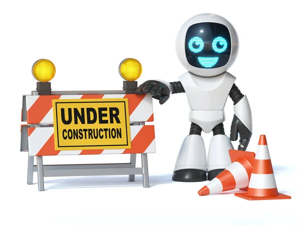 Little Robot Next Construction Sign Board Traffic Cones Rendering — Stock Photo, Image