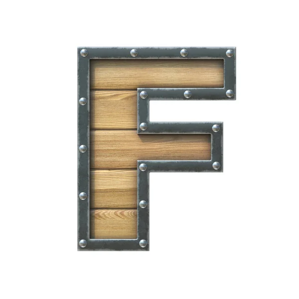 带金属框架和铆钉的木板制字体 3D渲染字母F — 图库照片