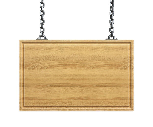 Деревянная вывеска висит на цепях, изолированных на белом фоне

