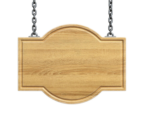 Wooden sign board hanging on a chains isolated on white background 3d rendering