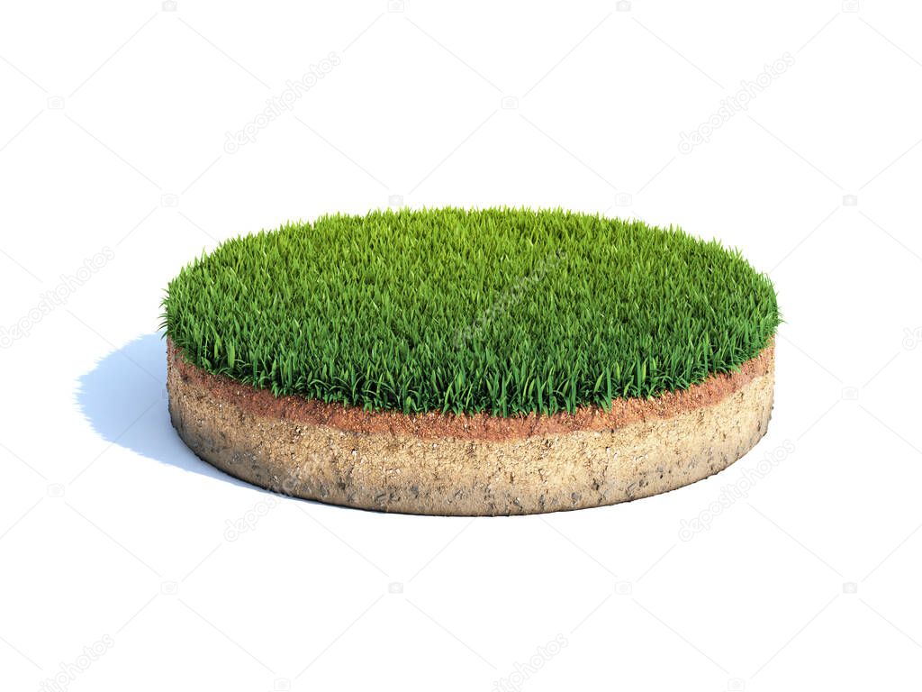 Cylindrical cross section of ground with grass, ecology, geology concept, soil sample isolated on white, 3d illustration
