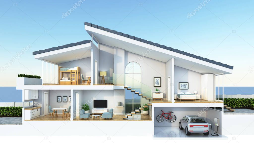Modern home cross section, suitable for smart home or sustainable housing infographic overlay, 3d rendering