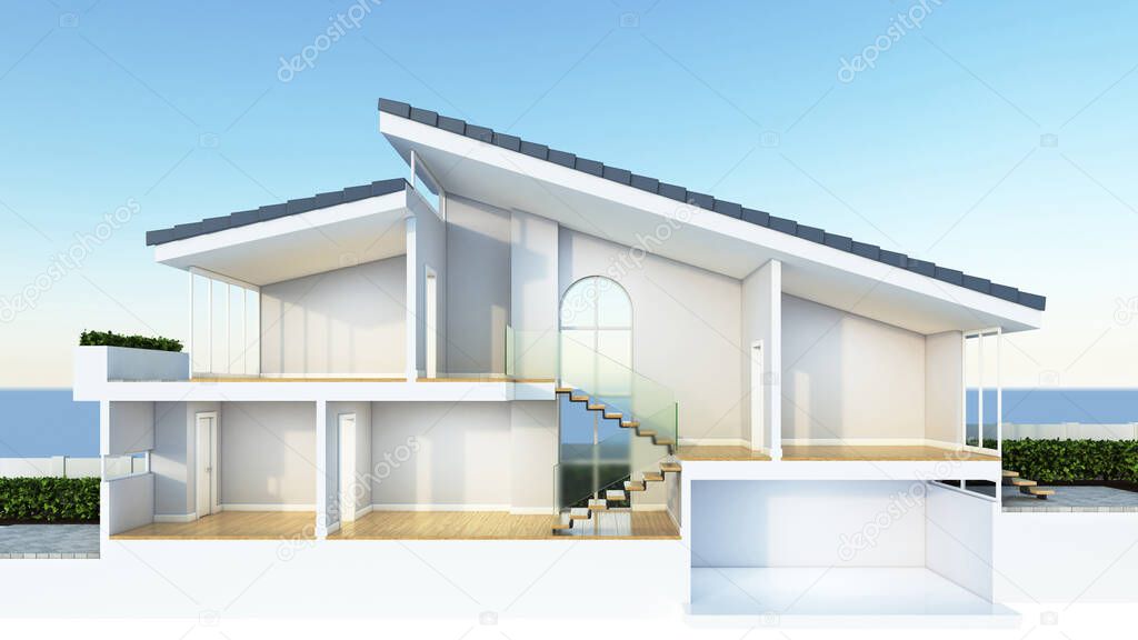 Modern home cross section, suitable for smart home or sustainable housing infographic overlay, 3d rendering