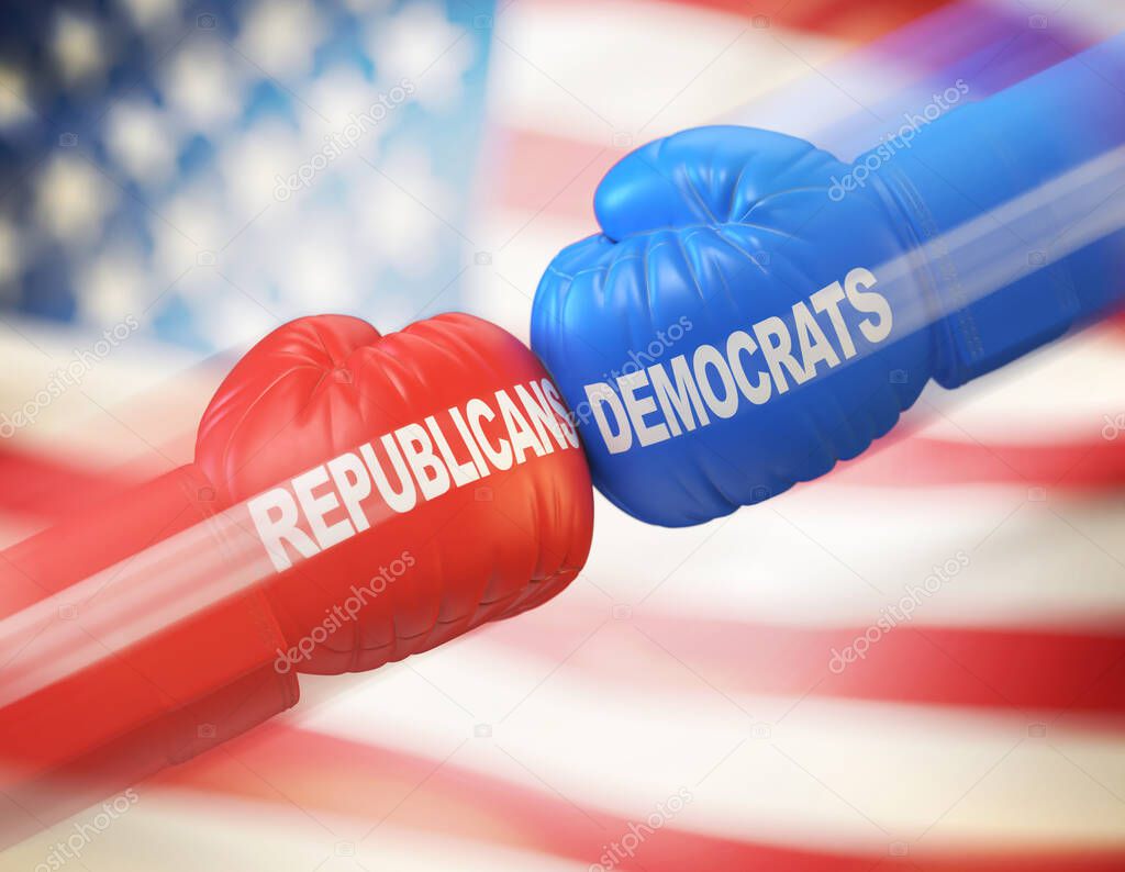 Democrats vs. Republicans. Two boxing gloves against each other in colors of Democratic and Republican partie, 3d rendering