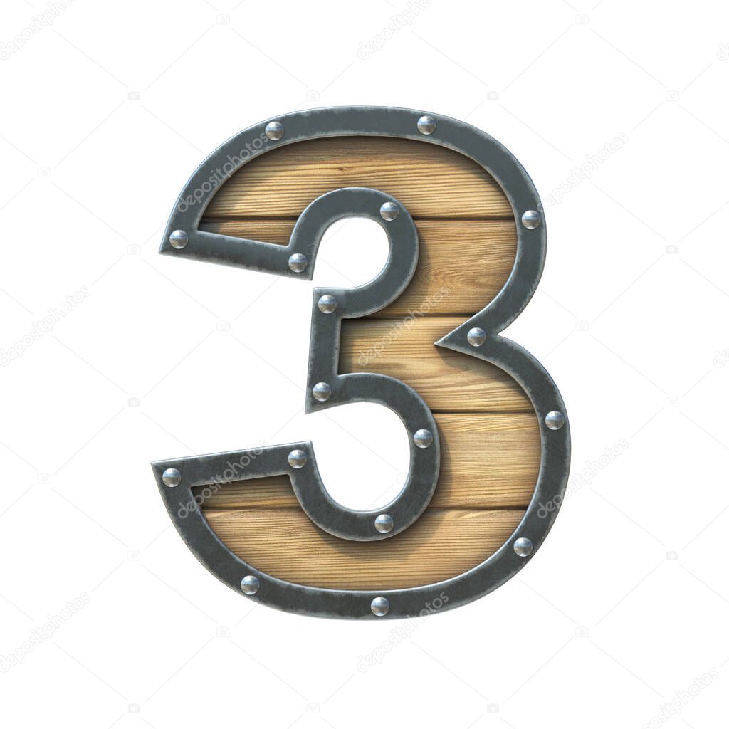 Font made of wooden board with metal frame and rivets, 3d rendering number 3