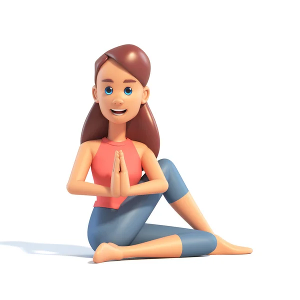 ヨガの女の子の瞑想 漫画の女性の3Dキャラクターは白い背景にヨガをやって 3Dレンダリング — ストック写真