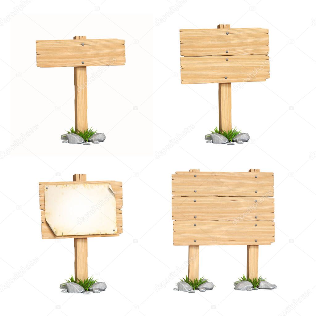 Wooden sign boards isolated on white background 3d rendering