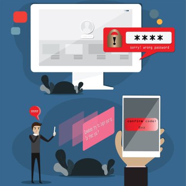 Güvenlik ağı konseptinin düz tasarımı, birisi bilgisayarınıza girmeye çalıştığında siber güvenlik alarmı, vektör illüstrasyonu