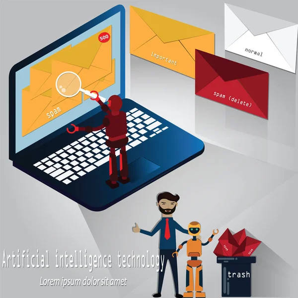 Robot bir e-postayı analiz ediyordu ve 3 tip için ayrıldı, önemli, normal veya spam posta, yapay zeka teknolojisi, vektör çizer