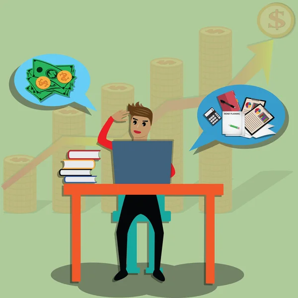 Genç adam parasal özgürlük, iş finans konsepti - vektör Illustratio için parasını yönetmeyi planlıyor