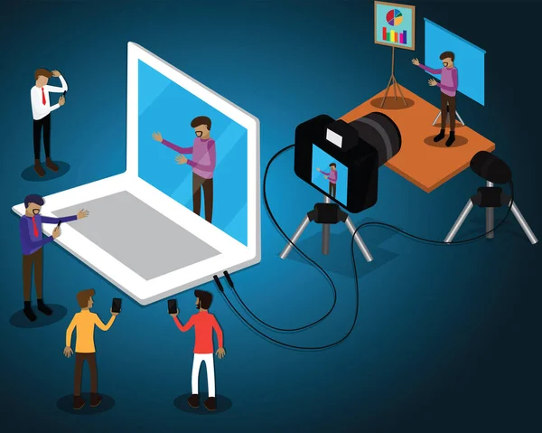 Çevrimiçi kurs konsepti Vector Illustratio üzerinden çevrimiçi iş kursları öğreten bir adam var.