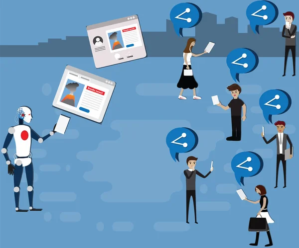 Sahte haberlerin düz tasarım konsepti. Robot sosyal medyada sahte haberler yapıyordu. İnsanlar sahte haberleri okuyor ve paylaşıyor.