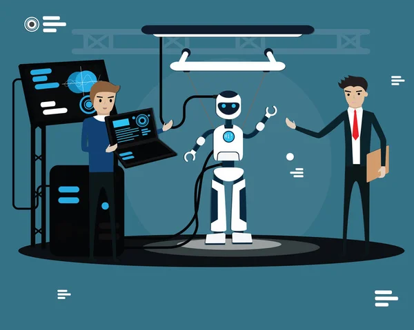 Teknoloji robotik konsepti, programcı robota veri yüklüyor, robot düz tasarım konseptini inşa etme süreci, otomasyon teknolojisinin vektör çizimi 