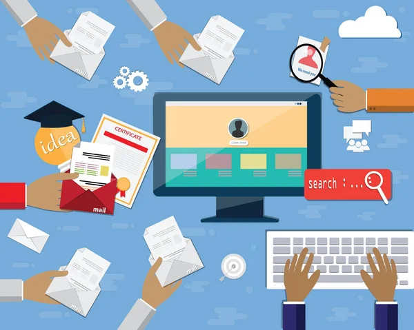 Vektör işe alma kişi çevrimiçi uygulama ve web sitesi, online işe alma süreci düz tasarım konsepti, HR. Memur çalışmak için en iyi kişiyi arıyor, vektör illüstrasyonu