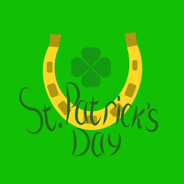 Yeşil yonca ve altın at nalı simgenin yeşil arka plan üzerine. Saint Patricks Day kavramı. renkli tasarım.