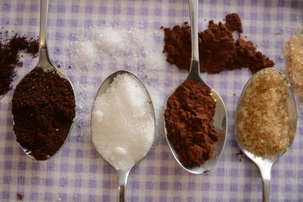 Caffee Kakao Cukier Biały Brązowy Metalowej Łyżki Przybory Kuchenne — Zdjęcie stockowe