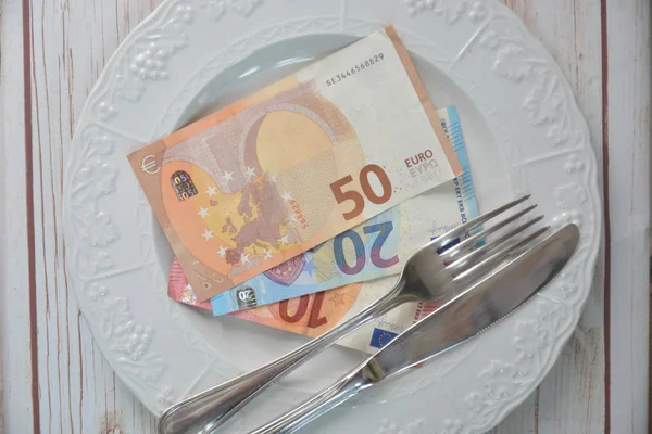 money euro in dish concept banknote euro money for eat economy