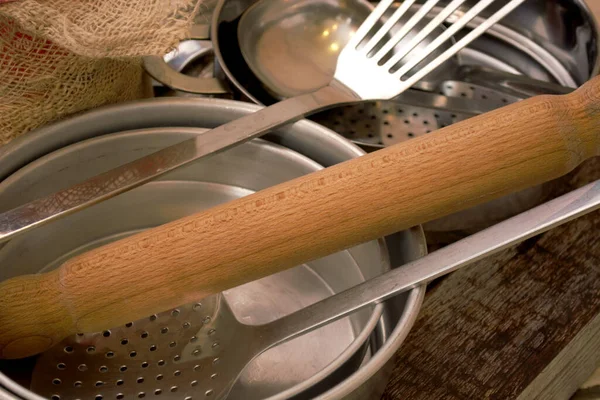 Kitchen Utensils Metal Wood Cooking — Stock Photo, Image