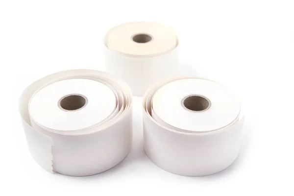 Three Blank Roll Paper Cashiers White Background — Stock Photo, Image