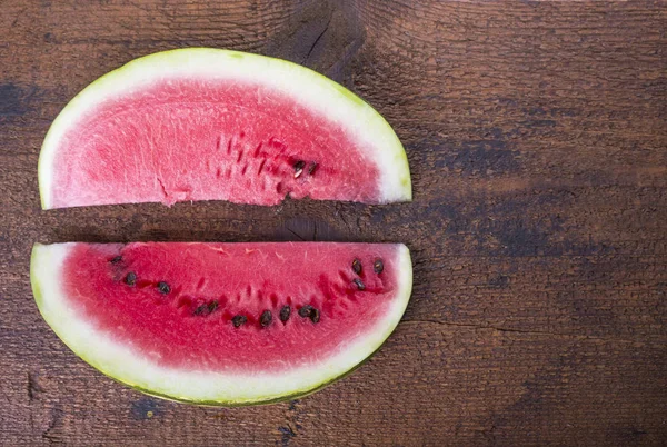 Two Watermelon Slices Wooden Board Each Other — Stock Photo, Image