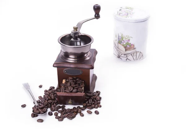 Coffee Grinder Full Roasted Beans Spoon White Background — Stock Photo, Image