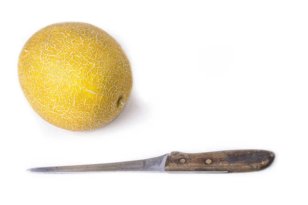 Melón Amarillo Melón Sobre Fondo Blanco Con Cuchillo —  Fotos de Stock