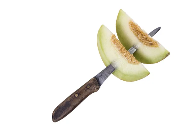 Fresh Two Slices Yellow Melon Cantaloupe Stick Old Knife — Stock Photo, Image