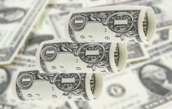 Три Банкноты Доллару Рулонах Белом Фоне — стоковое фото