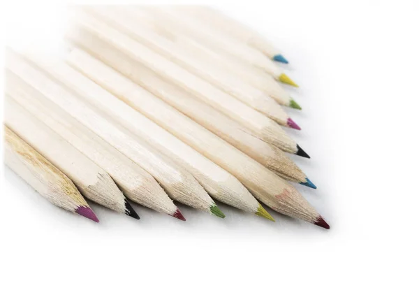 Вернуться Школьным Классным Принадлежностям Крупным Планом Смешанных Цветных Карандашах Белом — стоковое фото