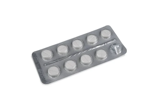 Pilules Dans Plaquette Thermoformée Sur Fond Blanc — Photo